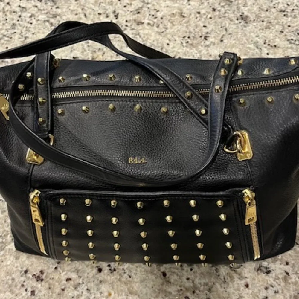 Vintage Ralph Lauren Black Pebbled Leather Gold Studded Stachel Bag - Picture 2 of 16
